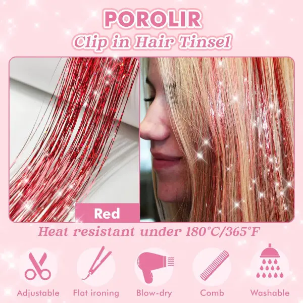 Clip in Hair Tinsel Kit, Pack med 6 st Glitter Fairy Tinsel Hair Extensions 20 tum Shiny Hair Tinsel Värmebeständig (Röd)