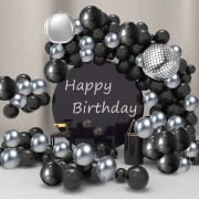 Svart silver ballongbåge kit, svart silver metalliska ballonger 4D disco folie ballonger med 16 fot remsa för bröllop