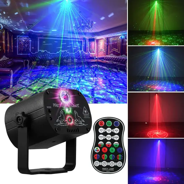 DJ Disco Scen Party Ljus, LED Ljudaktiverat Laserljus RGB Blixt Strobe Projektor med Fjärrkontroll för Jul Halloween Dekorationer Karaok