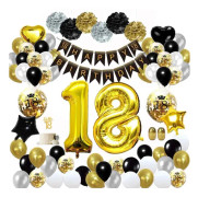 18-års födelsedagsfestdekorationer i svart och guld, 18 ballonger, banderoller med grattis på 18-årsdagen, papperspompoms, ballonger i