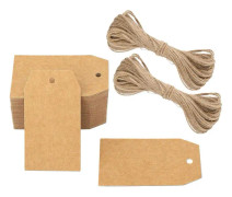 100 st kraftpapper presentlappar, 5*2,5 cm, hänglappar med jute