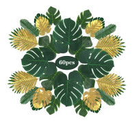 Konstgjorda palmblad, 60 st 9 sorters konstgjorda gyllene tropiska Monstera-blad med stjälkar Simulering Safari-blad för F