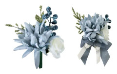 2 st bröllops handledsblommor set, konstgjord dimblå brudgum knapphålsblomma handledsblomma med sidenblomma bär och band dekoration för brud och brudgum bal