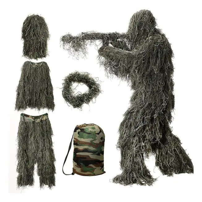 5-i-1 Ghillie Suit, 3D Kamouflage Jaktkläder Inkluderar Jacka, Byxor, Huva, Bärväska