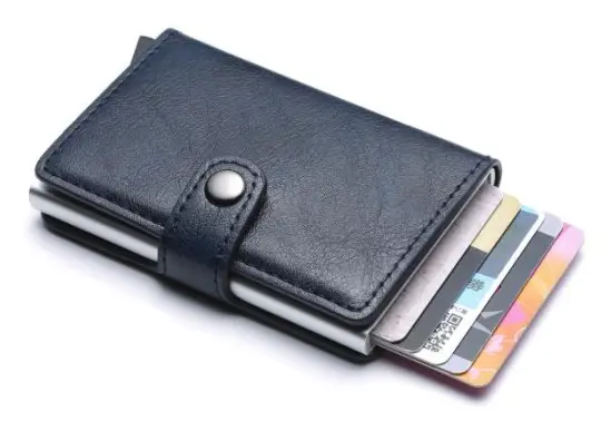 Mökblå- RFID Skydd Plånbok Korthållare 5st Kort (Äkta Läder) Blå