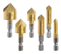 6-delad 1/4'' försänkningsborrset, sexkantig skaft Hss 5-spårig 90 graders avgradningsverktyg centrumpunschverktyg, snabbstål, snabbväxlingsbit 6/8/9/12/16