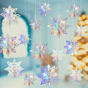 Julgranshängande snöflingor dekorationer 15-pack 3D iriserande papper snöflingor regnbåge snöflingor girlang för juldekorationer