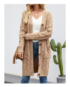 Långärmad kabelstickad lång cardigan för dam med öppen frontknapp