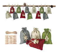 Jutevävnadsväska för DIY Julkalender, Adventskalenderpåse Julpåse, Julkalenderpåse med Trätaggar, för Jul