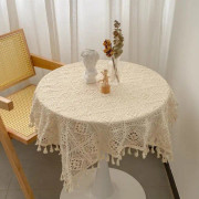 34 x 34 tum - Rutiga, Liten Kvadratisk Bordduk - Beige Elfenben Croch