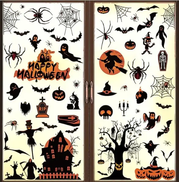 Halloween-fönsterdekaler, 8 ark 98 stycken fönsterdekaler spindelspöke häxa fladdermöss spindelnätsdekaler fönsterdekaler läskiga Halloween-dekorationer för glasdörrar fönster