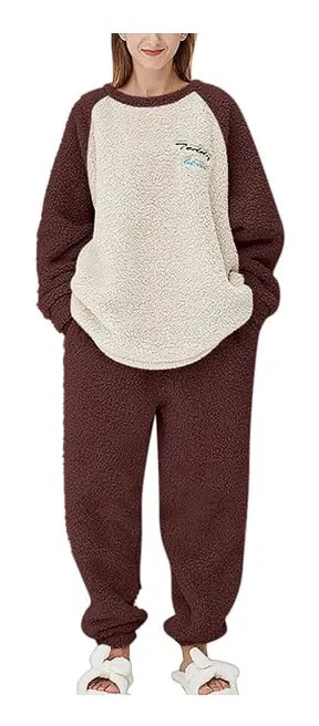 Dam Fluffy Pyjamas Set Fleecetröja byxor Lös plysch