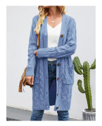 Långärmad kabelstickad lång cardigan för dam med öppen frontknapp