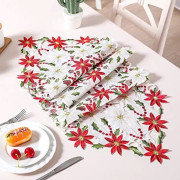 Julbordslöpare, bomullsbordlöpare med broderade julstjärnor och gröna blad, 38x176CM