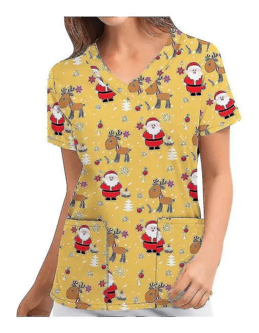 Jul Kvinnor Amningsuniform crub Kortärmad T-shirt Xmas Blus Tee Tops V-ringad Yellow S
