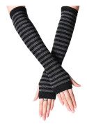 Womens Wrist Arm Warmer Mittens Long Hand Fingerless Striped Gloves (FMY) Black and Dark Gray