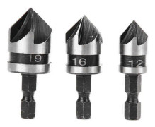 3 st 90 graders 5 flöjtsfasningsbitsset för trä, metall snabbväxling 1/4\" sexkantsfasningsborr kolstål träbearbetning fasningsskärverktyg 12/16/19mm
