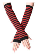 Womens Wrist Arm Warmer Mittens Long Hand Fingerless Striped Gloves (FMY) Black and Red