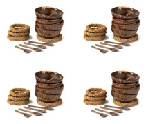 Kokosnöts skålar med sked och stativ - Set med 16 kokosnöts skålar + träsked och stativ som inte vinglar