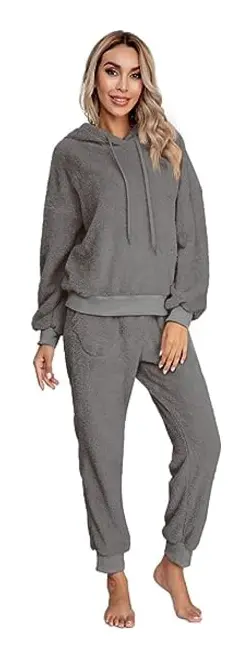 Dam Fuzzy Sherpa Fleece Pyjamas Set, Långärmad Hoodies Pyjamas Byxor 2 Delar Outfits Loungewear Sleepwear(mörkgrå,xl) xl
