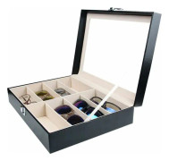 Glasögonfodral, rymmer 8 par glasögon, förvaring och visning av glasögon, svart syntetiskt läder 33,7 x 24,5 x 8,4 cm (8 fack),