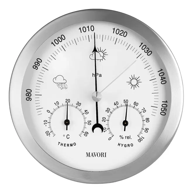 Analog väderstation för inomhus/utomhusbruk, ram i rostfritt stål - Inkluderar barometer, hygrometer och termometer