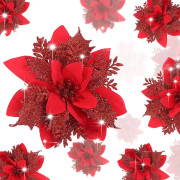 12 st Konstgjorda Julstjärneblommor, Glitter Julblomma, ZQKLA