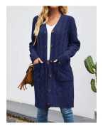 Långärmad kabelstickad lång cardigan för dam med öppen frontknapp