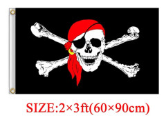 60 x 90 cm Set med 2 piratflaggor Dödskalle (röd halsduk) och korsade svärd