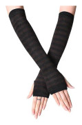 Womens Wrist Arm Warmer Mittens Long Hand Fingerless Striped Gloves (FMY) Black and Brown