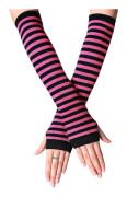 Womens Wrist Arm Warmer Mittens Long Hand Fingerless Striped Gloves (FMY) Black and Rose Red