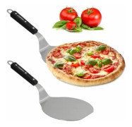 2 x pizzaskal med trähandtag, rund, hängande, spade BxD: 16,5x17,5 cm, pizzaserver rostfritt stål, silver/svart