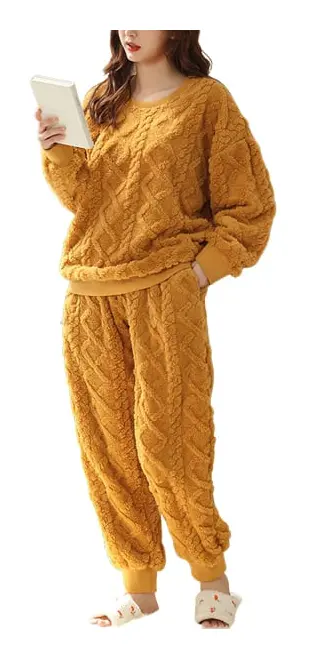 HAUFR Dam Fluffy Fleece Pyjamas Set 2 delar Varm Fleece Pyjamas Set Mjuka nattkläder Långärmade Crewneck fickor Byxor -1 Yellow X-Large