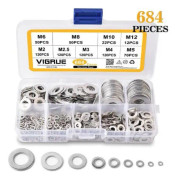 684 st bricka, 304 rostfritt stål bricka metall bricka sortiment bricka kit, bricka för skruvar säkra tvättmaskin skruvar sortiment