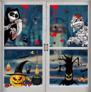Halloween fönsterklistermärken, 4 st Halloween-dekorationer för fönster- och skyltklistermärken, Grim Reaper, pumpa, mamma och träd för spökhus