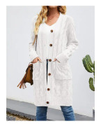 Långärmad kabelstickad lång cardigan för dam med öppen frontknapp