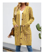 Långärmad kabelstickad lång cardigan för dam med öppen frontknapp
