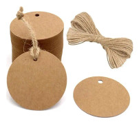 100 st Kraft-etiketter, presentetiketter, 5x5 cm runda kraftetiketter Tomma etiketter för bröllop, födelsedag, jul- 100 st med 50 cm jutegarn (brun)