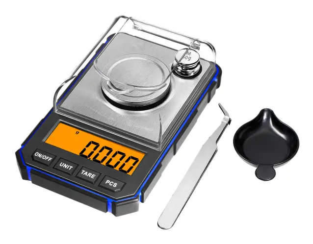 Digital fickvåg, 0,001 g milligramvåg, 50 g mini bärbar våg, hög precision labbvåg med 50 g kalibrering, pincett, vågskål, blå