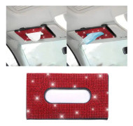 Röd-1 st kristall och glänsande PU bil solskydd vävnadslåda kvinnor glitter strass solskydd smink servettlåda,