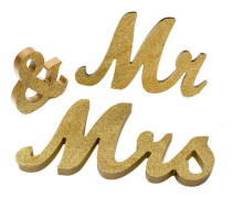 Bröllopsdekoration, gyllene Mr and Mrs logotyp bröllopssötnosbordsskylt