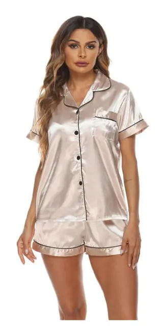 Siden Satin Pyjamas Set Dam Short Sleeve Sleepwear Shorts Set Beige s