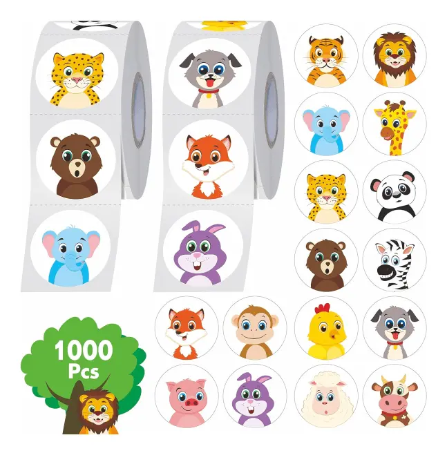 1000 runda djurstickers, 16 motiv av bedårande landdjur,