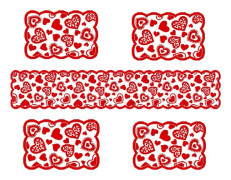 Röd spetsbroderad hjärtformad bordslöpare och placemats för alla hjärtans dag
