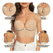 Womens Low Back Bra Wire Lifting Deep U Shaped Plunge Backless Bra With Convertible Clear Straps Nude Nude 70A