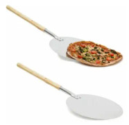 2 x rund pizzaskyffel, pizzaskal, trähandtag, professionell pizzaserver & brödskal, aluminium, ?? 30cm, natur/silver