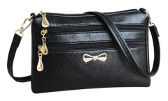 Solid Läder Crossbody Väska Kvinnor Litchi Mönster Flerskikts Handväska (Svart)