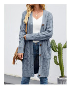 Långärmad kabelstickad lång cardigan för dam med öppen frontknapp