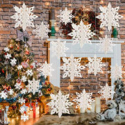 Vinterlandskap Frusna Snöflingor Dekorationer Vit 12st Hängande 3D Pappers Snöflingor och Snöflingor Girlang för Jul Dekorationer Tillbehör