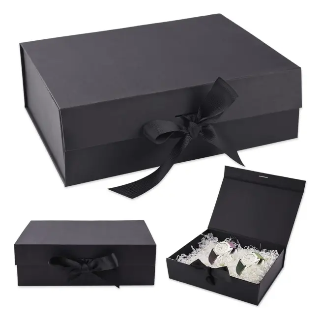 Lyxig premium rektangulär presentask med lock, födelsedag, årsdag (26,7×19×8cm, svart)